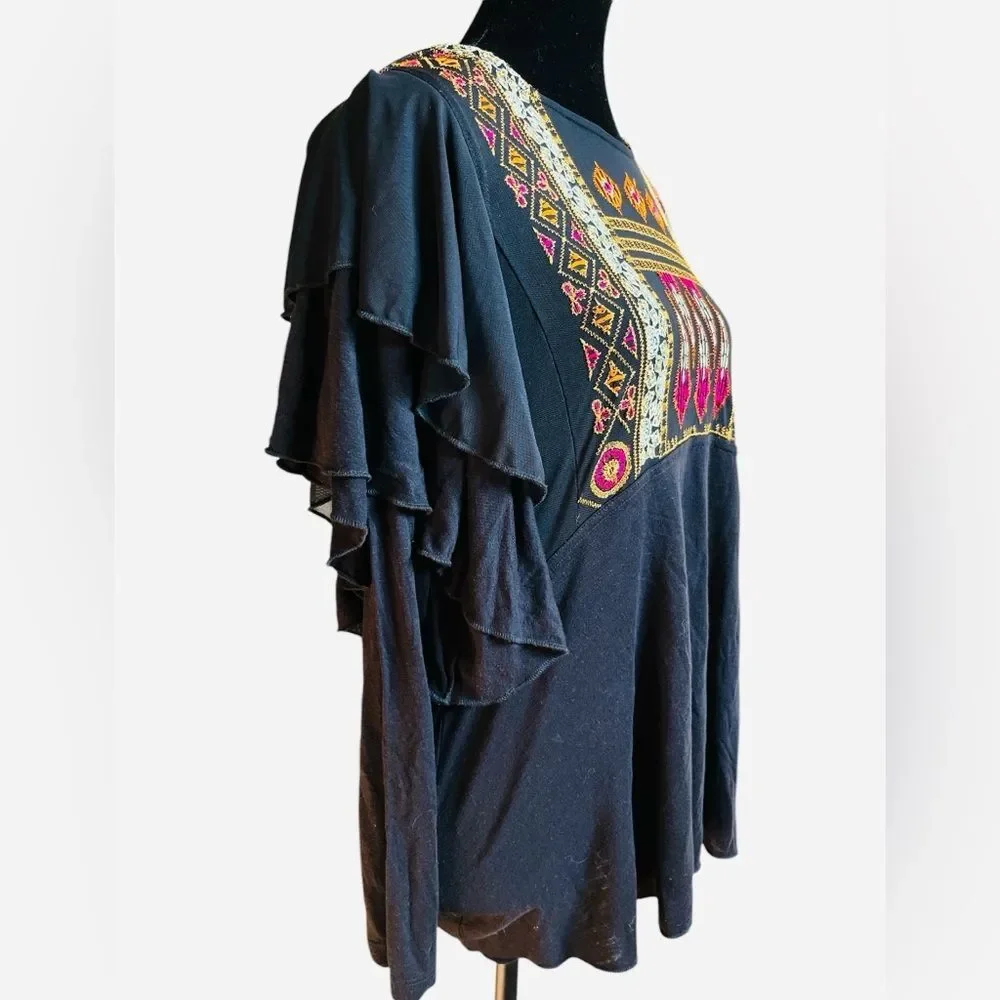 Free People Black Linen Embroidered Long Sleeve Shirt Size Small Ruffle Sleeves